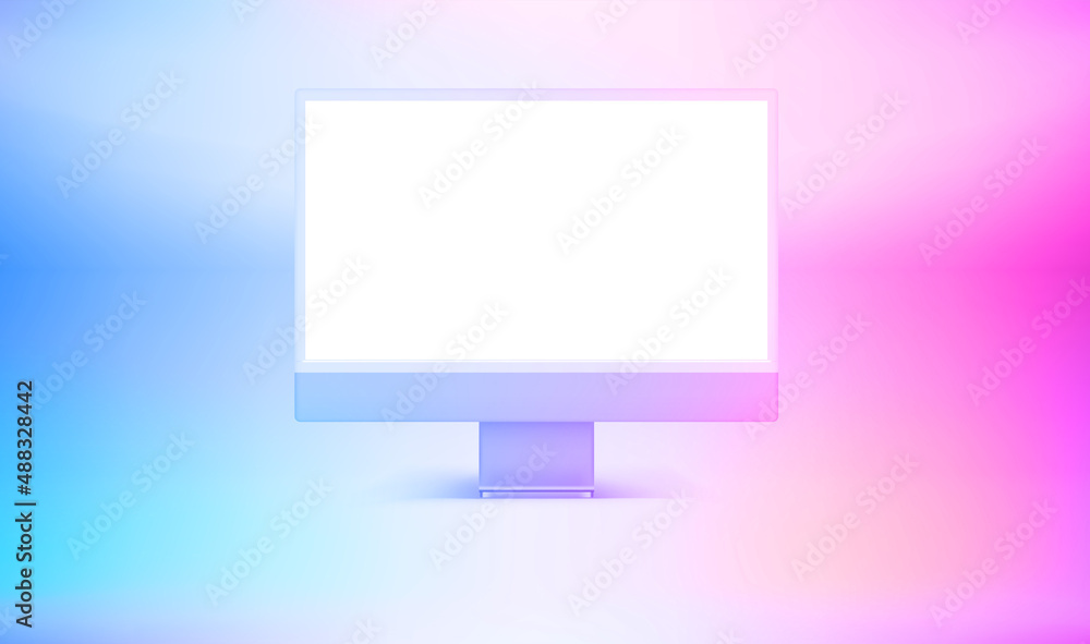 Poster Modern personal computer with blank screen. 3d vector mockup with holographic effect