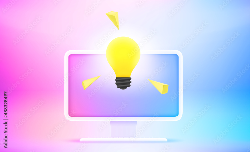 Fototapete Shining lightbulb on the screen of computer. Idea concept. 3d vector illustration