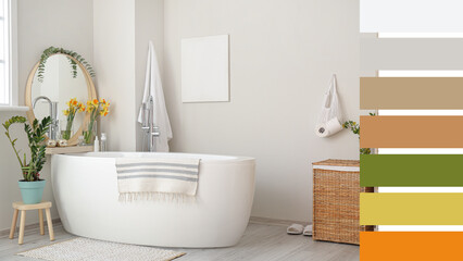 Interior of light modern bathroom. Different color samples