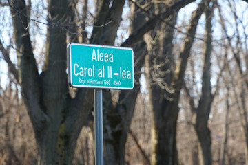 sign with the name of an alley in Herastrau Park. Carol II alley.