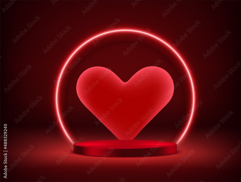 Poster illuminated showcase with red neon heart. vector 3d illustration