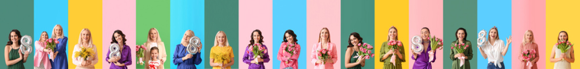 Group of women with bouquets of flowers and balloons in shape of figure 8 on color background....