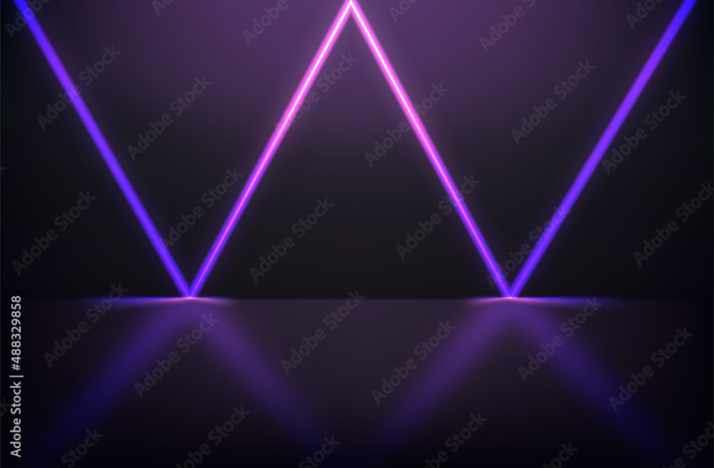 Poster dark room with neon glowing lamp with mirror on a floor. 3d vector premium showcase for display prod