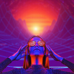 Neon close up portrait of young woman in red sunglasses. 80`s video game style.