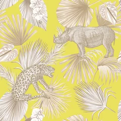 Tapeten Botanischer Druck Tropische Palmenblätter, Orchideenblüte, Nashorn, Leopardentier Sommer florales nahtloses Muster.Exotische Dschungeltapete.