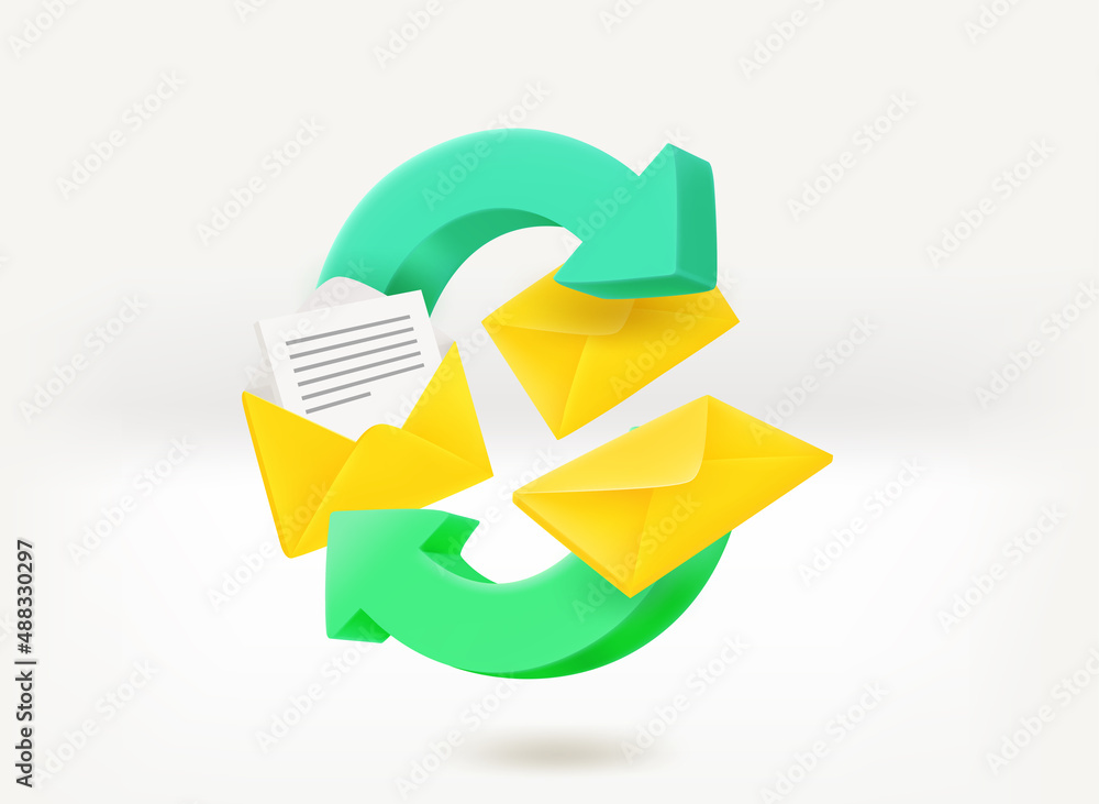 Poster refreshing email correspondence concept with letters. 3d vector illustration