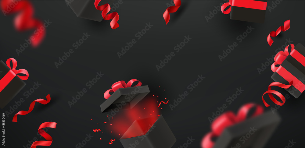 Poster black background with black boxes. 3d vector header banner