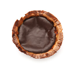 Tasty Basque burnt cheesecake on white background