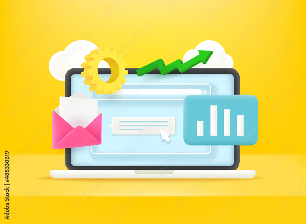 Poster analytics via modern laptop. vector 3d banner