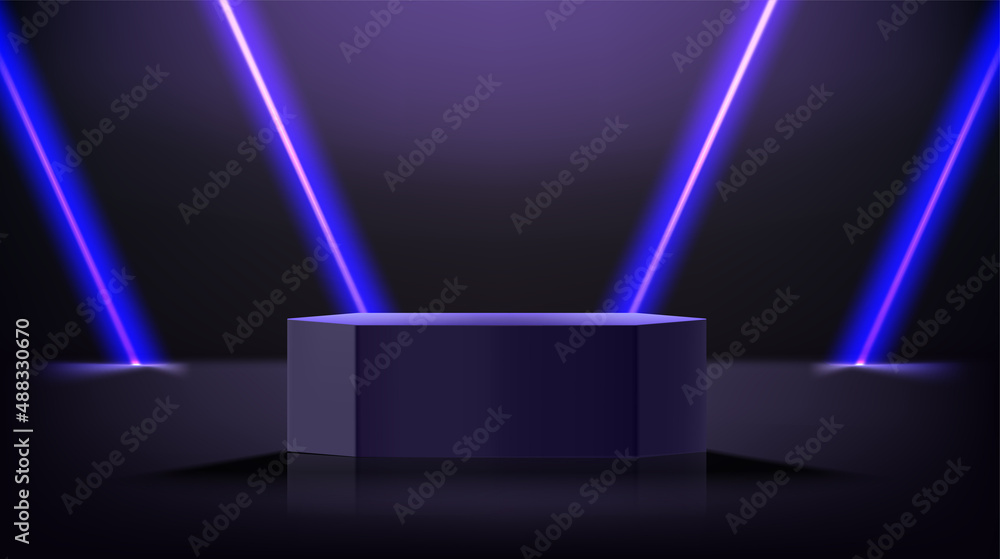 Poster dark room with waving glowing neon and podium. 3d vector showcase for display products