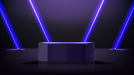 Dark room with waving glowing neon and podium. 3d vector showcase for display products