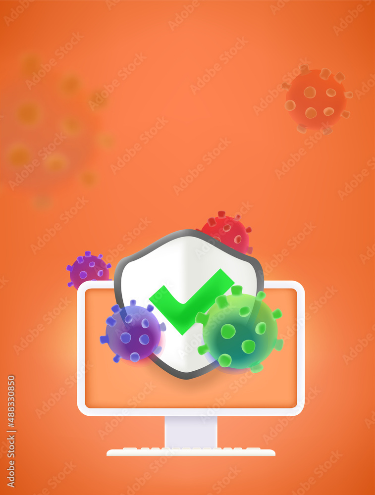 Poster Internet protection from fraud and viruses. Modern computer monitor with shield on the screen. 3d vector vertical banner with copy space