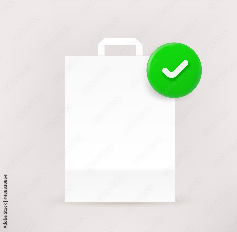 Poster white paper shopping bag with checkmark. 3d vector icon