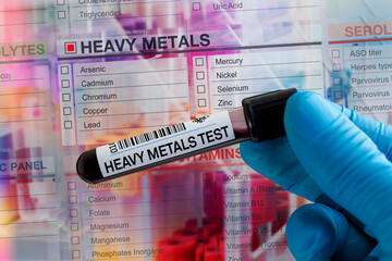 Blood tube test with requisition form for heavy metals test. Blood sample tube for analysis heavy metals in laboratory