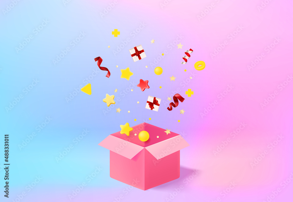 Poster surprize concept with gift box and confetti. 3d vector banner with copy space