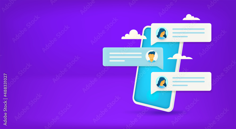 Poster Communication via mobile messenger concept. Vector banner with copy space