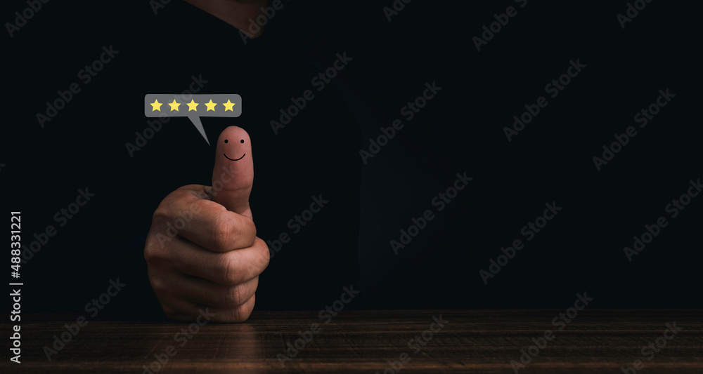 Poster five stars on speech bubble, best excellent rating satisfaction on thumbs-up with a smiley face on d