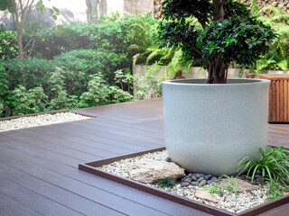 The big white terrazzo plant pot with a green tree on little stone garden space decoration on wood...
