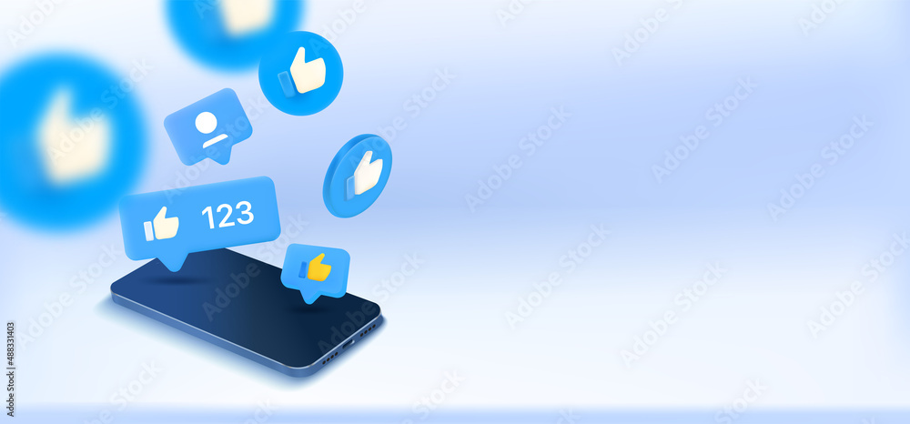 Poster social media notification bubbles with thumbs up symbols and mobile phone. 3d vector banner with cop