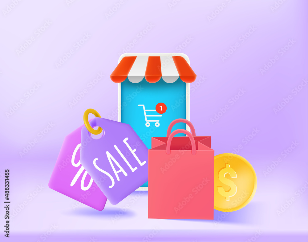 Aufkleber mobile shopping concept with smartphone and tags. 3d vector illustration