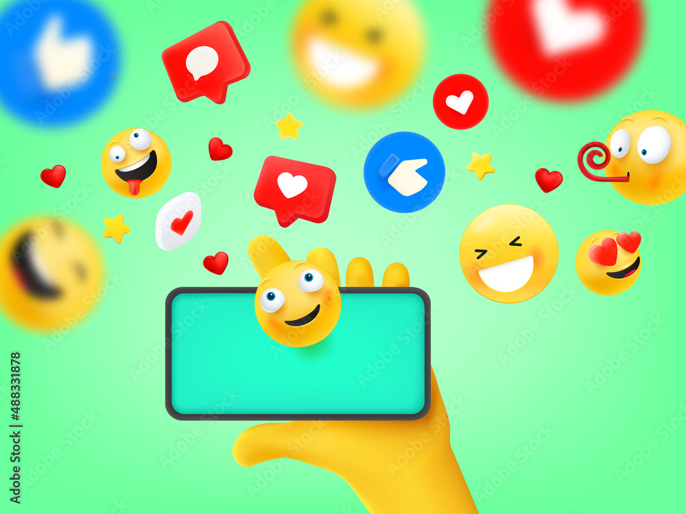 Poster open shipping box with flying icons. social network communication concept. 3d vector illustration