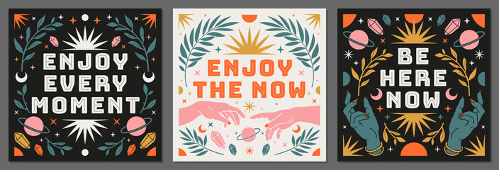 Boho celestial vector posters with inspirational quotes in trendy bohemian style. Tarot magic card. © Martyshova