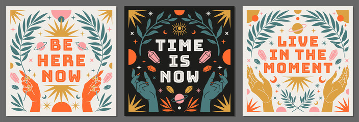 Boho celestial vector posters with inspirational quotes in trendy bohemian style. Tarot magic card.