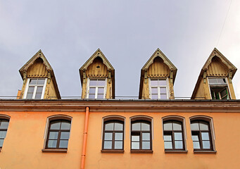 Fototapeta premium Old wooden garrets in old town of Riga, Latvia