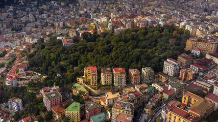 Aerial view of the Floridiana park located in the Vomero district in Naples, Italy. Its trees are a green lung of the city.