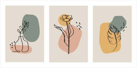 Abstract botanical art painting with pastel colors background. Minimalist geometric elements and hand drawn line. Abstract Plant Art design for print, cover, wallpaper, Minimal and natural wall art