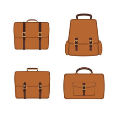 a set of old leather brown bags (briefcases) in a flat style