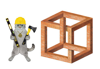 An ashen cat bricklayer in a helmet with an axe and a building level is near an impossible brick...