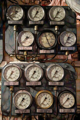 twelve control dials attached to a metal board on a wall