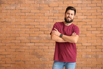 Obraz na płótnie Canvas Handsome man in red t-shirt on brick background