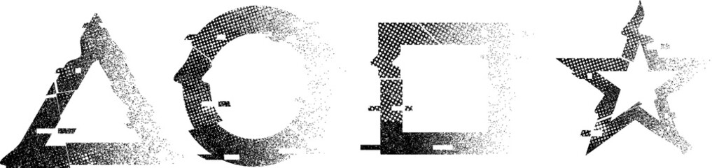 Glitch distorted geometric shape  . Noise destroyed  logo . Trendy defect error shapes . Glitched frame  .Grunge textured . Distressed effect .Vector shapes with a halftone dots screen print texture.