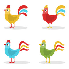 Rooster, a set of multi-colored, cartoon roosters isolated on a white background. Vector, cartoon illustration.