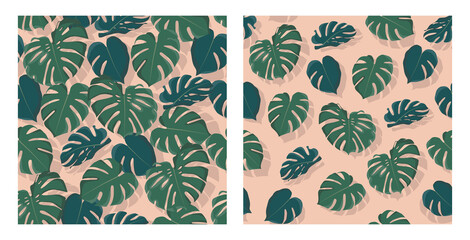 Set of monstera leaves silhouette with shadows patterns on trendy coral background. Flat illustrations style for wrapping paper, wallpaper, fabric, textile