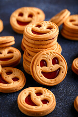 Tasty Biscuit face cookies with jam. Sweet pastries food
