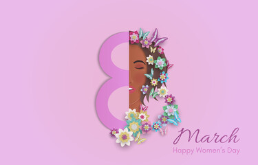 Happy International Women's Day 8 March with frame of Black woman, flowers, and butterflies. Paper art style.