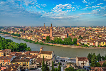 Verona Italy, high angle view city skyline at Adige river