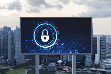 Padlock icon hologram on road billboard over panorama city view of Singapore at sunset to protect business, Southeast Asia. The concept of information security shields.