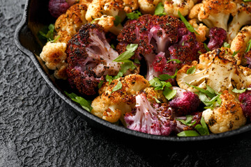 Roasted purple, white cauliflower with herbs on cast iron pan