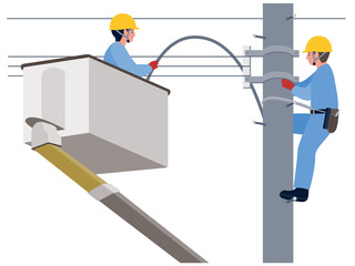 高所作業車で電気工事をする電気工事士のベクターイラスト