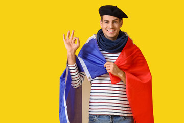 Handsome young man with flag of France showing OK on yellow background