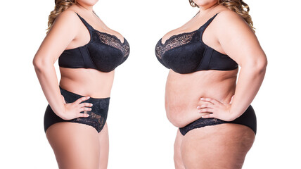 Woman's body before and after weight loss isolated on white background