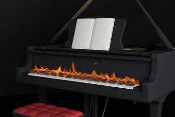 black piano keys on fire