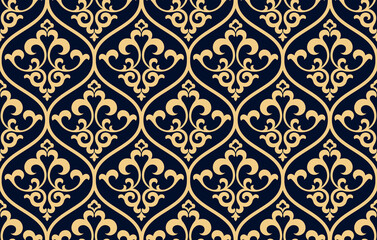 Floral pattern. Vintage wallpaper in the Baroque style. Seamless vector background. Gold and dark blue ornament for fabric, wallpaper, packaging. Ornate Damask flower ornament