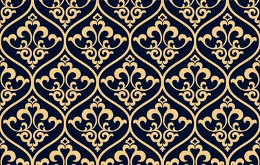 Fotobehang Blauw goud Bloemenpatroon. Vintage behang in de barokstijl. Naadloze vectorachtergrond. Goud en donkerblauw ornament voor stof, behang, verpakking. Sierlijk damast bloemornament