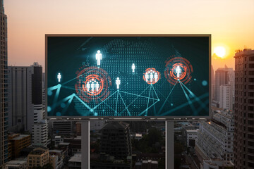 World planet Earth map hologram of social media icons over sunset panoramic cityscape of Bangkok, Southeast Asia. The concept of people connections.