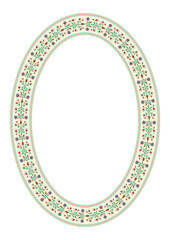Decorative oval frame with flower design isolated on white background. Style of traditional Mexican embroidery Otomi Tenango. Porcelain decorative border.